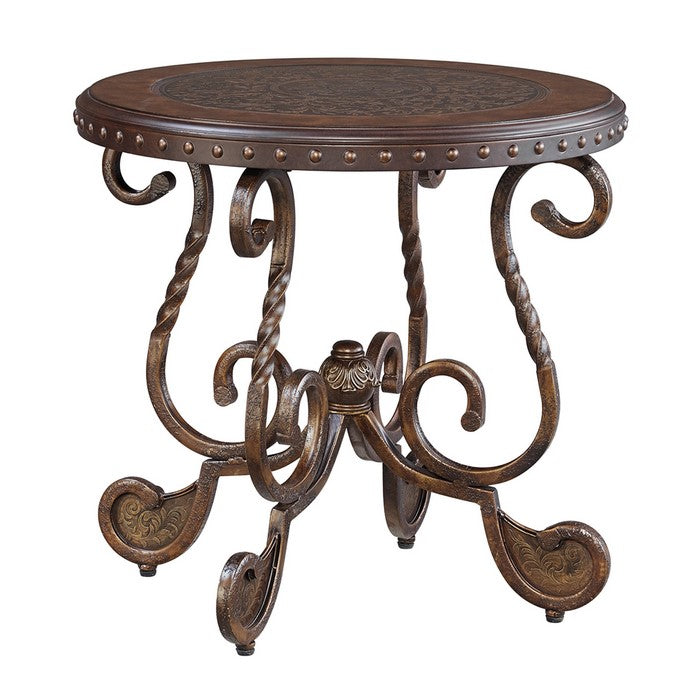 Round End Table With Nailhead Accented Top and Scrolled Base, Brown