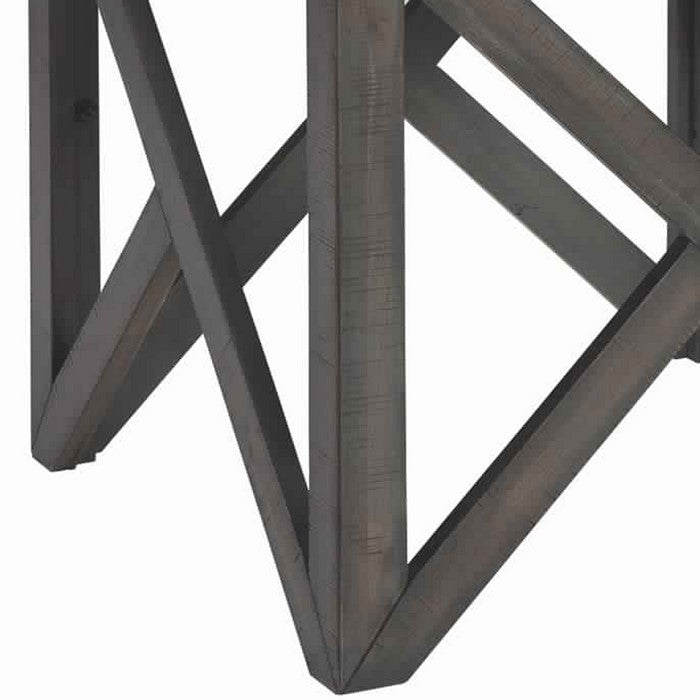 Square End Table With Butcher Block Style Top and Lambda Design, Gray