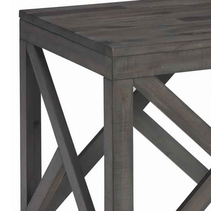 Square End Table With Butcher Block Style Top and Lambda Design, Gray