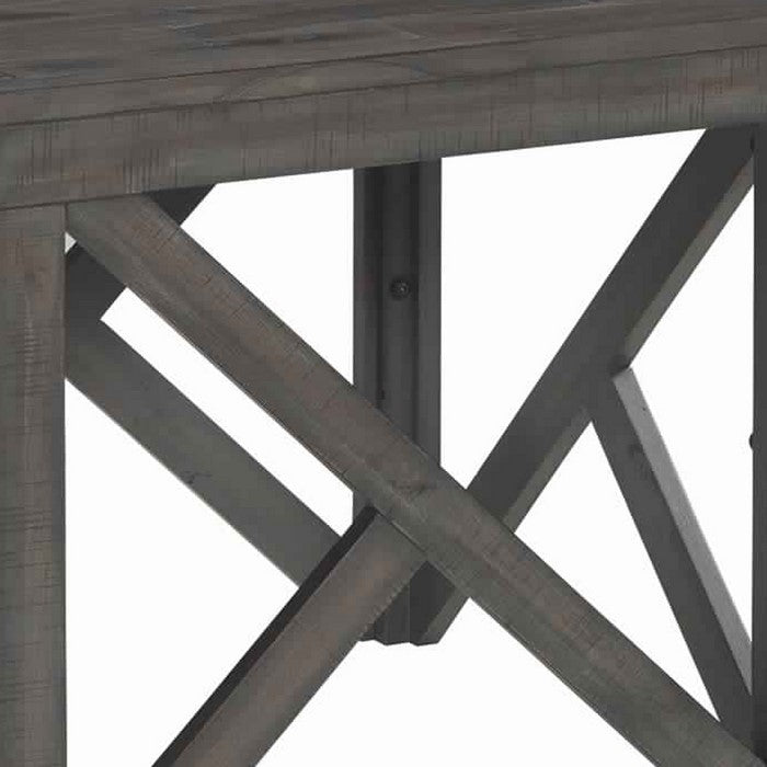 Square End Table With Butcher Block Style Top and Lambda Design, Gray
