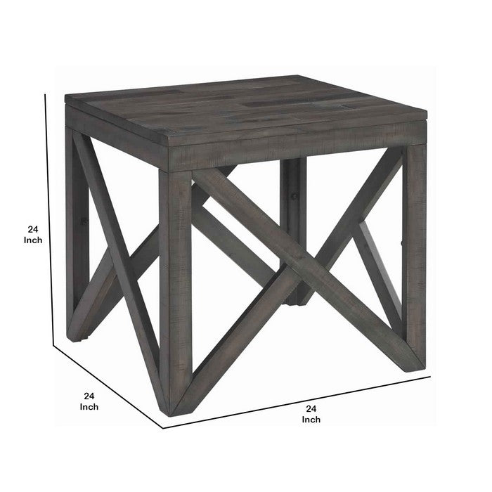 Square End Table With Butcher Block Style Top and Lambda Design, Gray