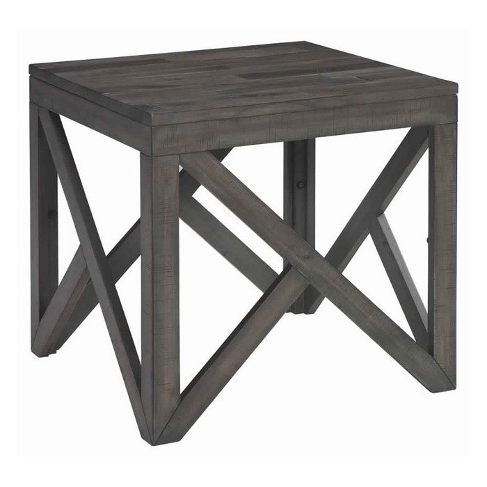 Square End Table With Butcher Block Style Top and Lambda Design, Gray