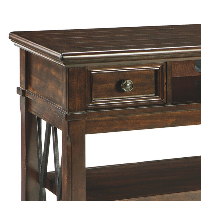Console Sofa Table With Plank Style Top and 2 Gliding Drawers, Brown