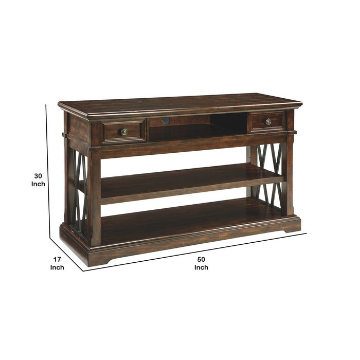 Console Sofa Table With Plank Style Top and 2 Gliding Drawers, Brown