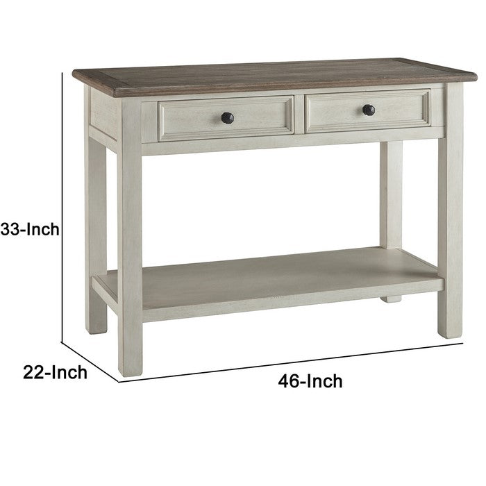 Sofa Table With Plank Style Top and 2 Gliding Drawers, Brown and White
