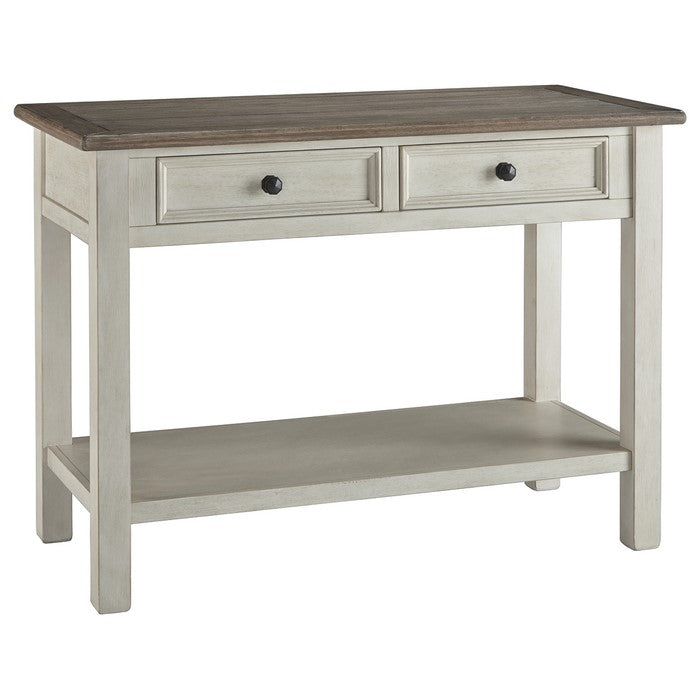 Sofa Table With Plank Style Top and 2 Gliding Drawers, Brown and White