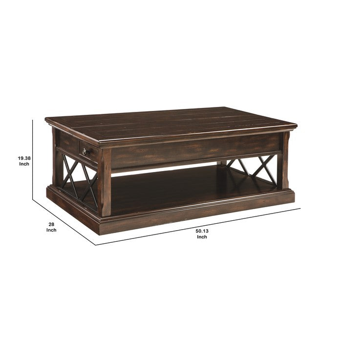 Wooden Lift Top Cocktail Table With 2 Smooth Gliding Drawers, Brown