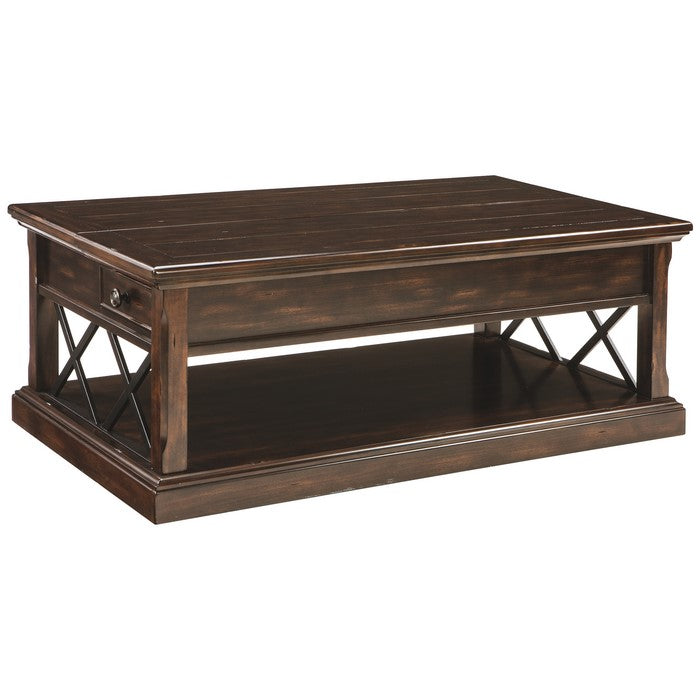 Wooden Lift Top Cocktail Table With 2 Smooth Gliding Drawers, Brown