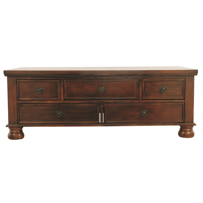 Rectangular Cocktail Table With 5 Drawers and Turned Bun Feet, Brown