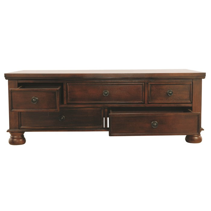 Rectangular Cocktail Table With 5 Drawers and Turned Bun Feet, Brown