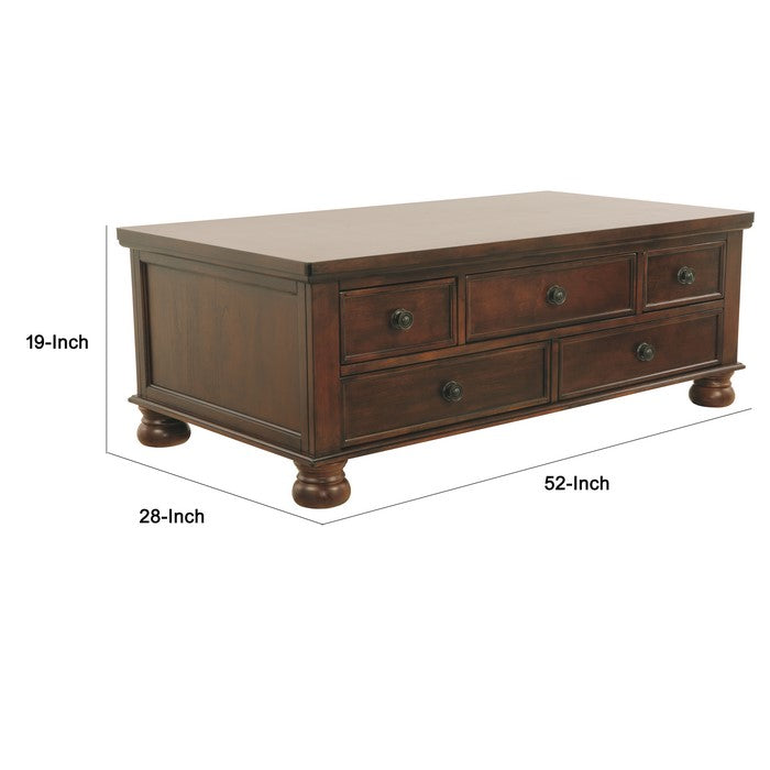 Rectangular Cocktail Table With 5 Drawers and Turned Bun Feet, Brown