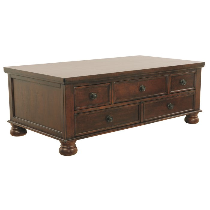 Rectangular Cocktail Table With 5 Drawers and Turned Bun Feet, Brown