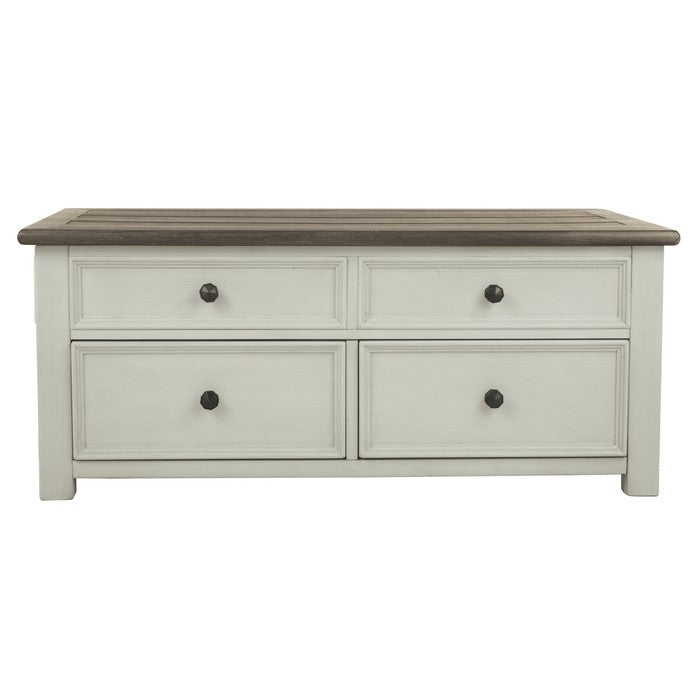 Cocktail Table With Spring Lift Top and Multiple Drawers, Brown and White