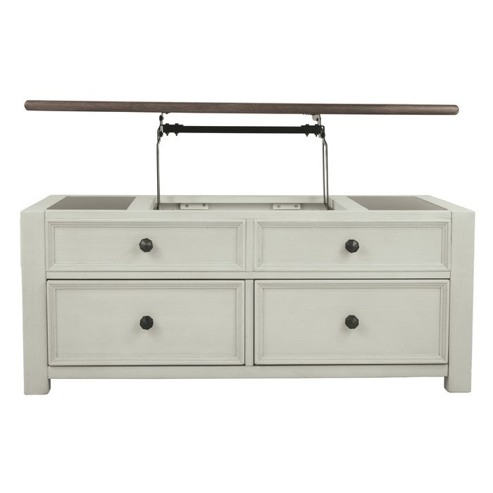 Cocktail Table With Spring Lift Top and Multiple Drawers, Brown and White