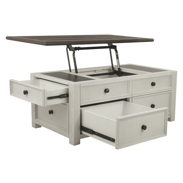 Cocktail Table With Spring Lift Top and Multiple Drawers, Brown and White
