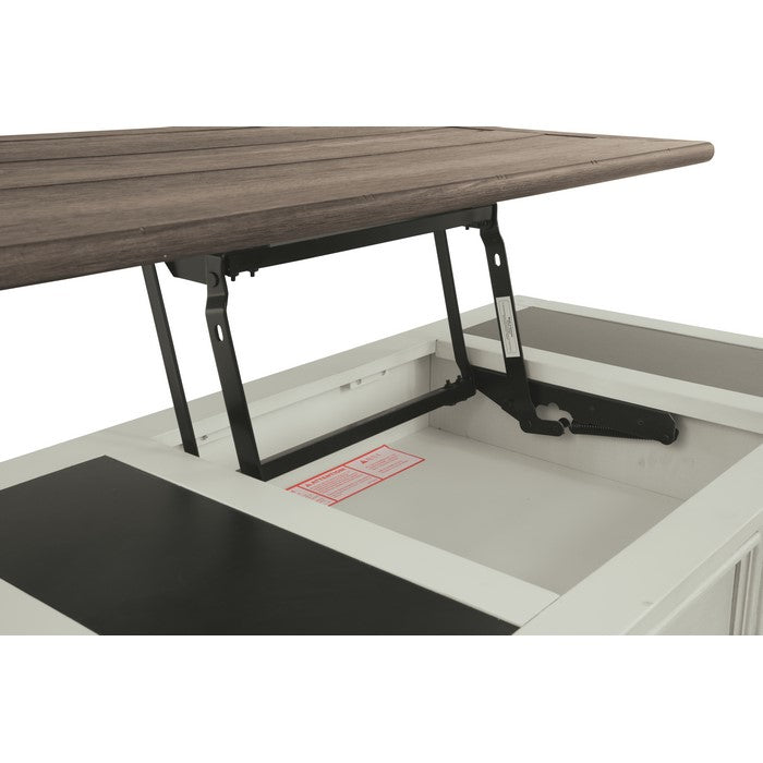 Cocktail Table With Spring Lift Top and Multiple Drawers, Brown and White