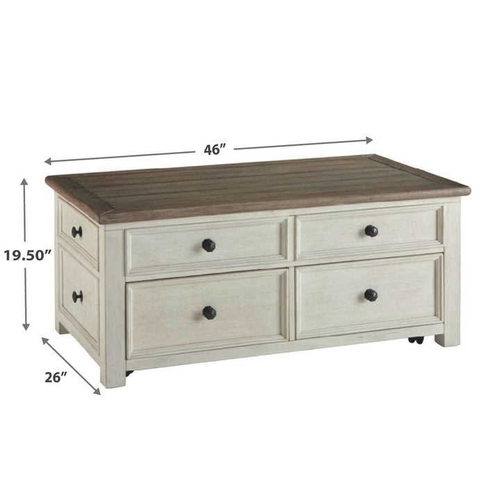 Cocktail Table With Spring Lift Top and Multiple Drawers, Brown and White