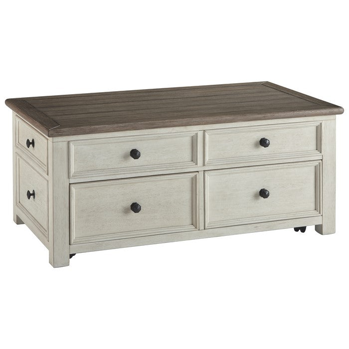 Cocktail Table With Spring Lift Top and Multiple Drawers, Brown and White