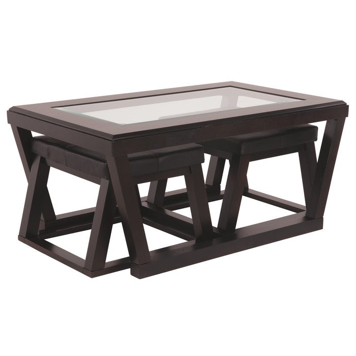 Cocktail Table With Beveled Glass Tabletop and 2 Stools, Brown