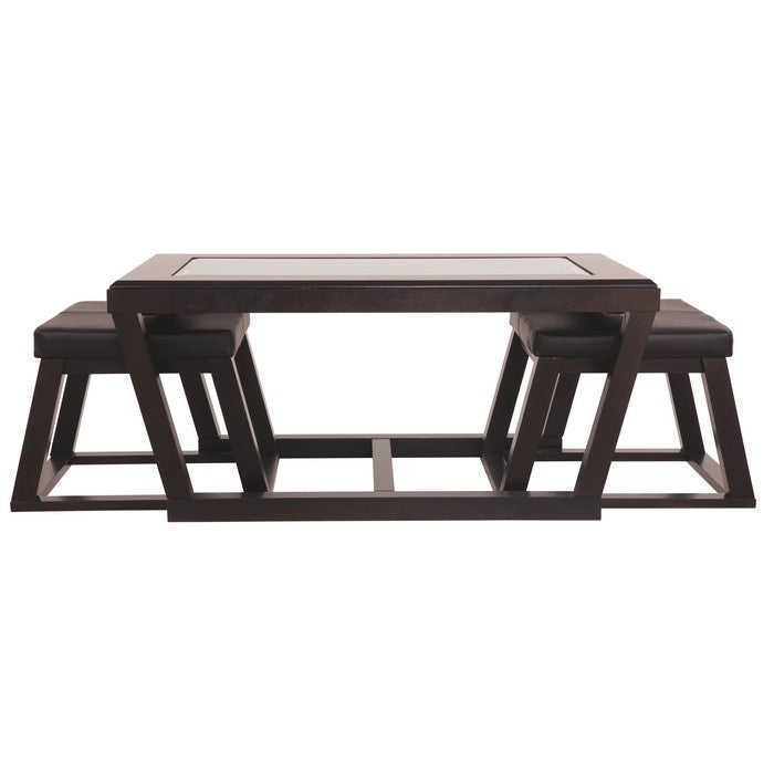 Cocktail Table With Beveled Glass Tabletop and 2 Stools, Brown