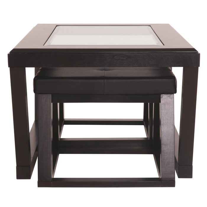 Cocktail Table With Beveled Glass Tabletop and 2 Stools, Brown