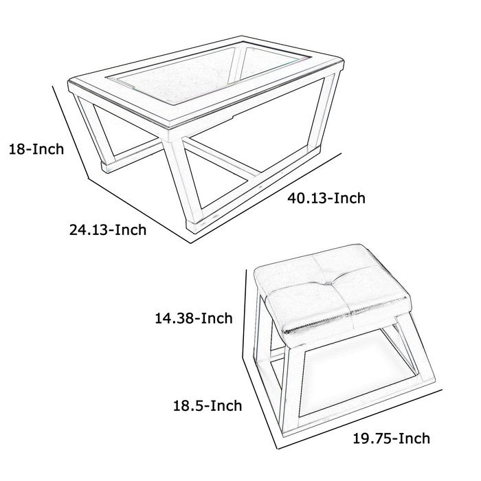 Cocktail Table With Beveled Glass Tabletop and 2 Stools, Brown