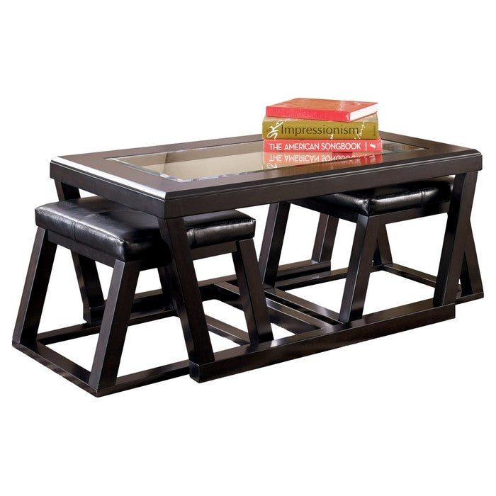 Cocktail Table With Beveled Glass Tabletop and 2 Stools, Brown