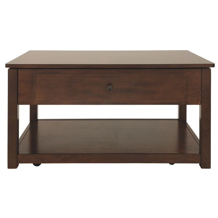 Lift Top Cocktail Table With False Drawer Front and 1 Open Shelf, Brown