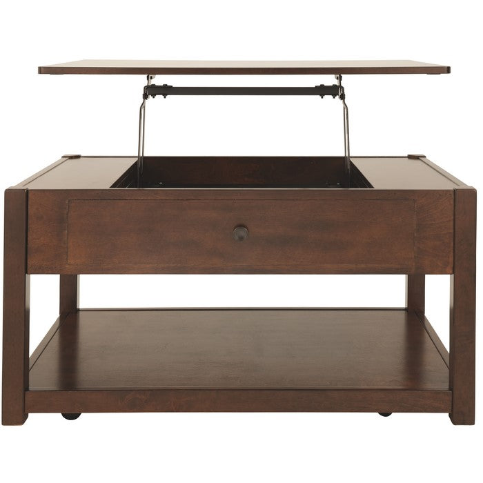 Lift Top Cocktail Table With False Drawer Front and 1 Open Shelf, Brown