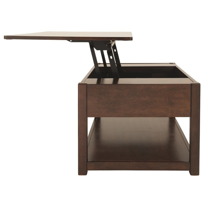 Lift Top Cocktail Table With False Drawer Front and 1 Open Shelf, Brown