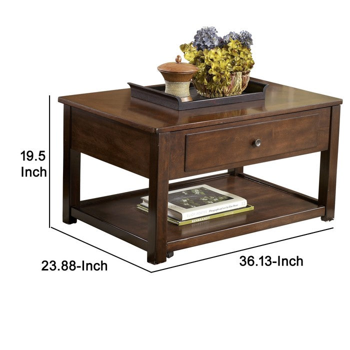 Lift Top Cocktail Table With False Drawer Front and 1 Open Shelf, Brown
