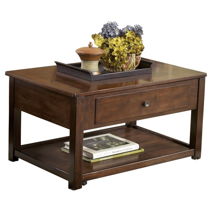 Lift Top Cocktail Table With False Drawer Front and 1 Open Shelf, Brown
