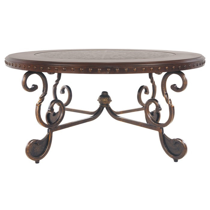 Round Cocktail Table With Scrolled Base and Nailhead Trim, Brown
