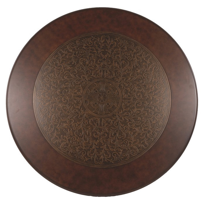 Round Cocktail Table With Scrolled Base and Nailhead Trim, Brown