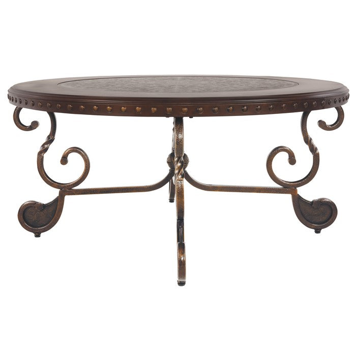 Round Cocktail Table With Scrolled Base and Nailhead Trim, Brown
