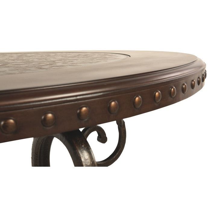 Round Cocktail Table With Scrolled Base and Nailhead Trim, Brown