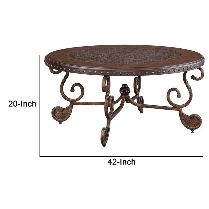 Round Cocktail Table With Scrolled Base and Nailhead Trim, Brown