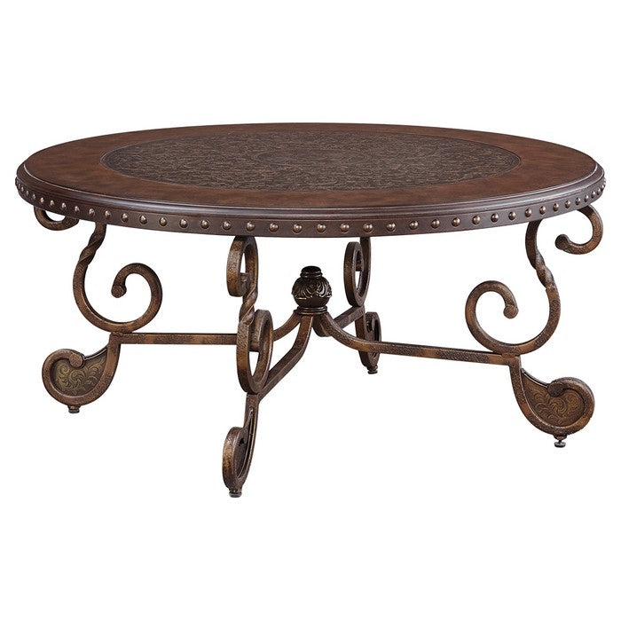 Round Cocktail Table With Scrolled Base and Nailhead Trim, Brown