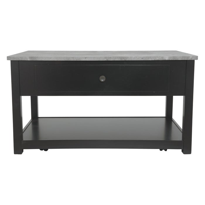 Lift Top Cocktail Table With Faux Marble Top and 1 Drawer, Black and Gray