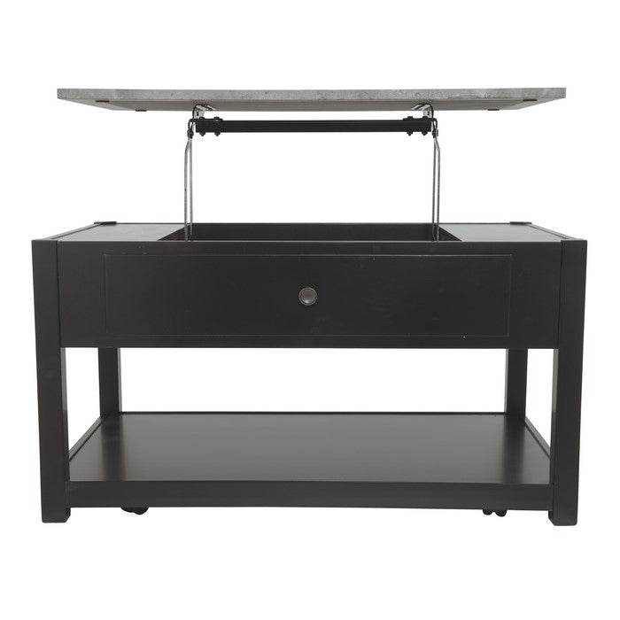 Lift Top Cocktail Table With Faux Marble Top and 1 Drawer, Black and Gray