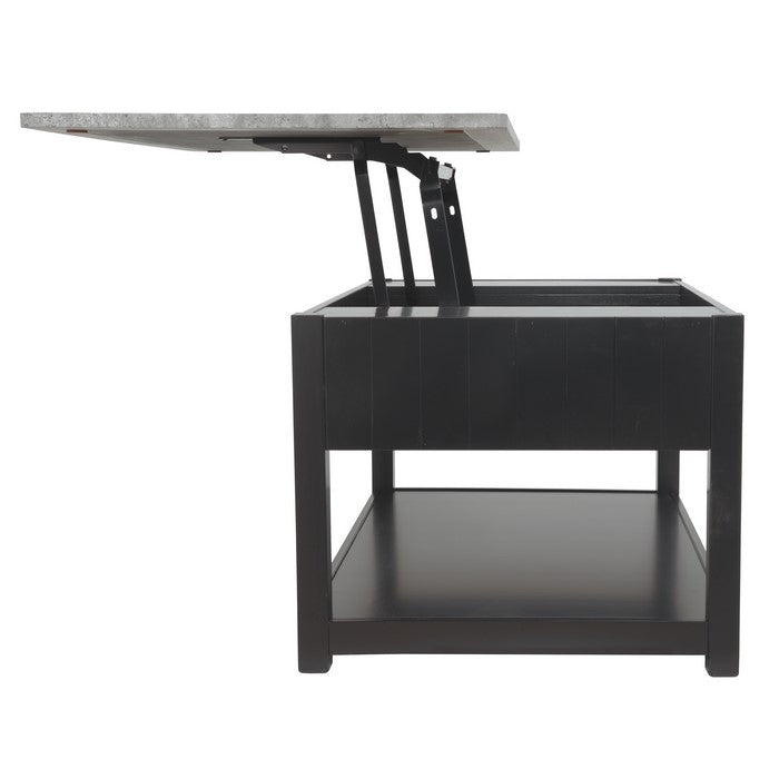 Lift Top Cocktail Table With Faux Marble Top and 1 Drawer, Black and Gray
