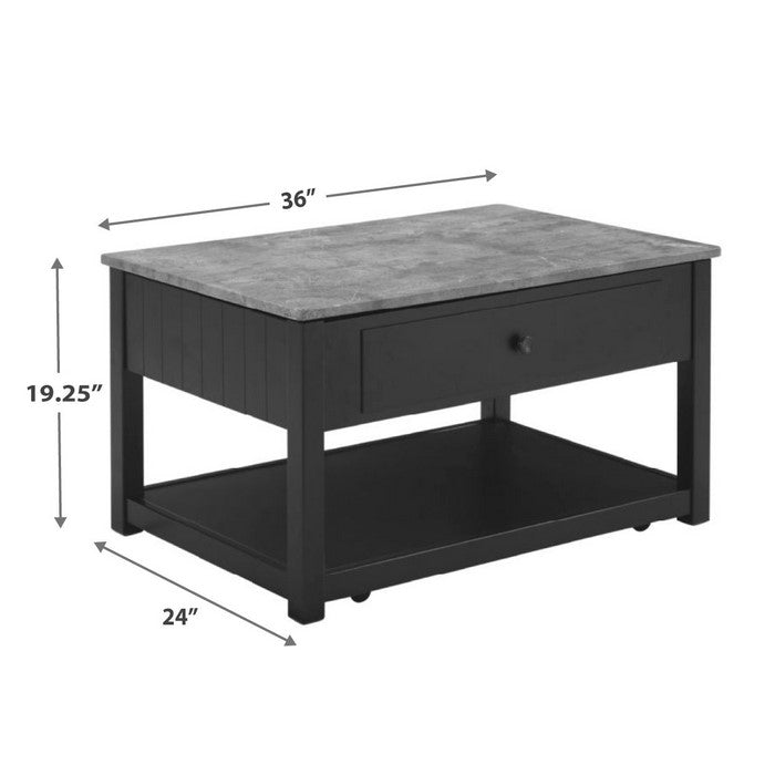 Lift Top Cocktail Table With Faux Marble Top and 1 Drawer, Black and Gray