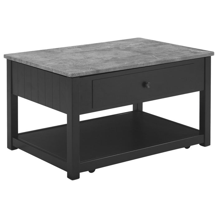 Lift Top Cocktail Table With Faux Marble Top and 1 Drawer, Black and Gray