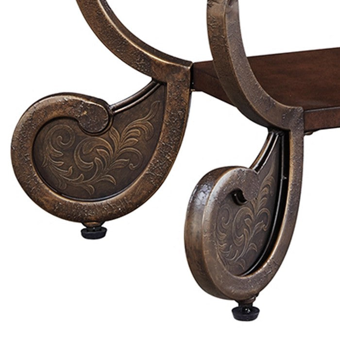 Chair Side End Table With Nailhead Trim Top and Scrolled Base, Brown