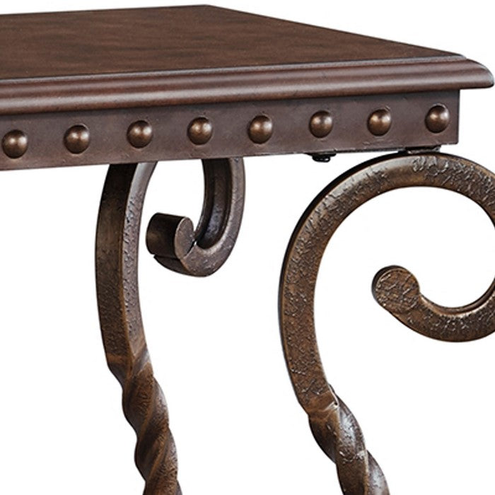 Chair Side End Table With Nailhead Trim Top and Scrolled Base, Brown