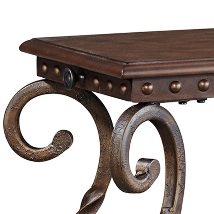 Chair Side End Table With Nailhead Trim Top and Scrolled Base, Brown