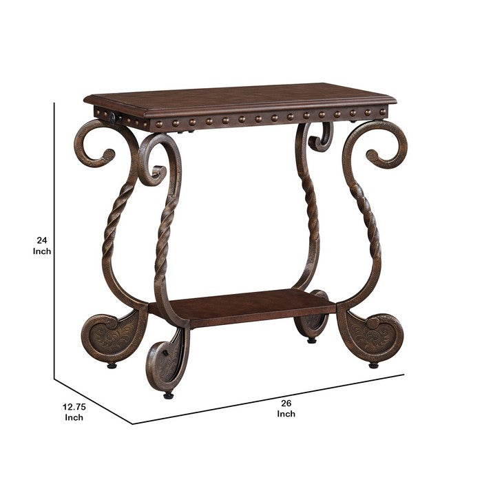 Chair Side End Table With Nailhead Trim Top and Scrolled Base, Brown