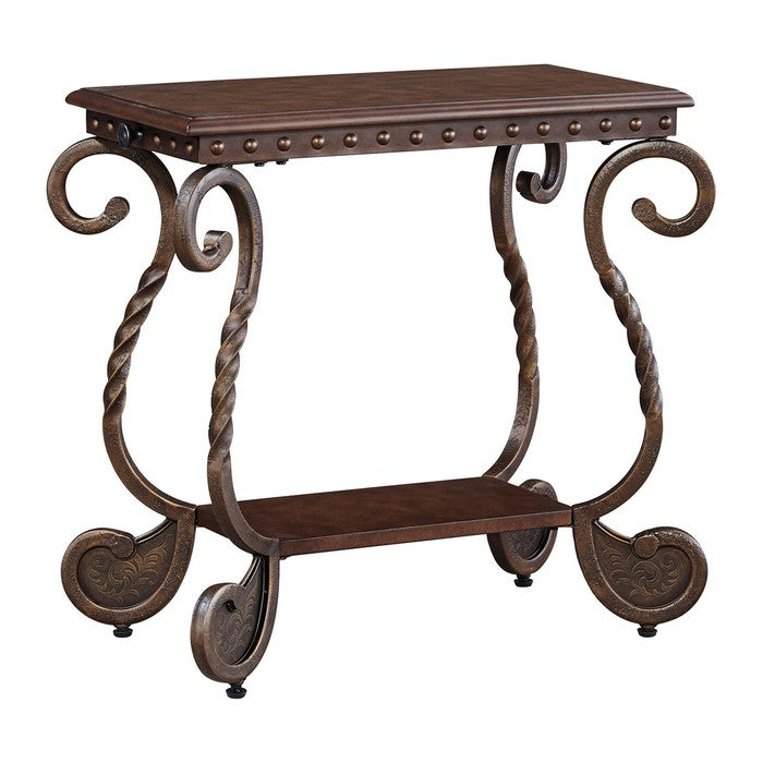 Chair Side End Table With Nailhead Trim Top and Scrolled Base, Brown