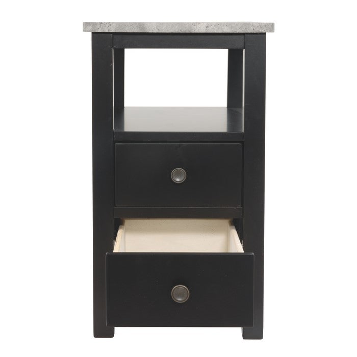 Chair Side End Table With Faux Marble Top and 2 Drawers, Black and Gray