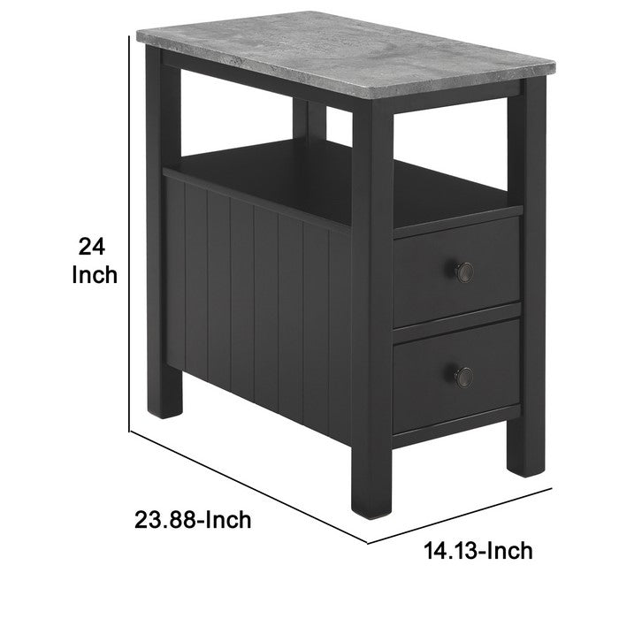 Chair Side End Table With Faux Marble Top and 2 Drawers, Black and Gray